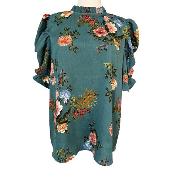 Everleigh Floral Puff Sleeve Blouse Size Large Teal Green Romantic Top - Picture 1 of 4